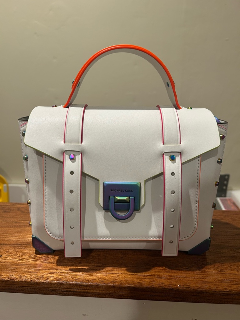 Michael Kors White Leather Satchel with Neon Orange Handle & Pink Trim Contrast